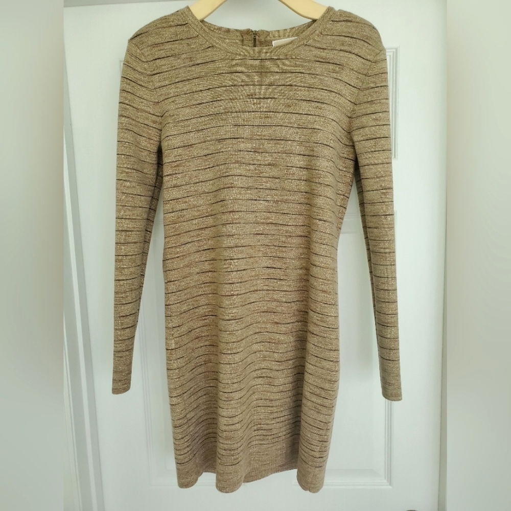 Michael Kors Long Sleeve Gold Metallic Sweater Dress